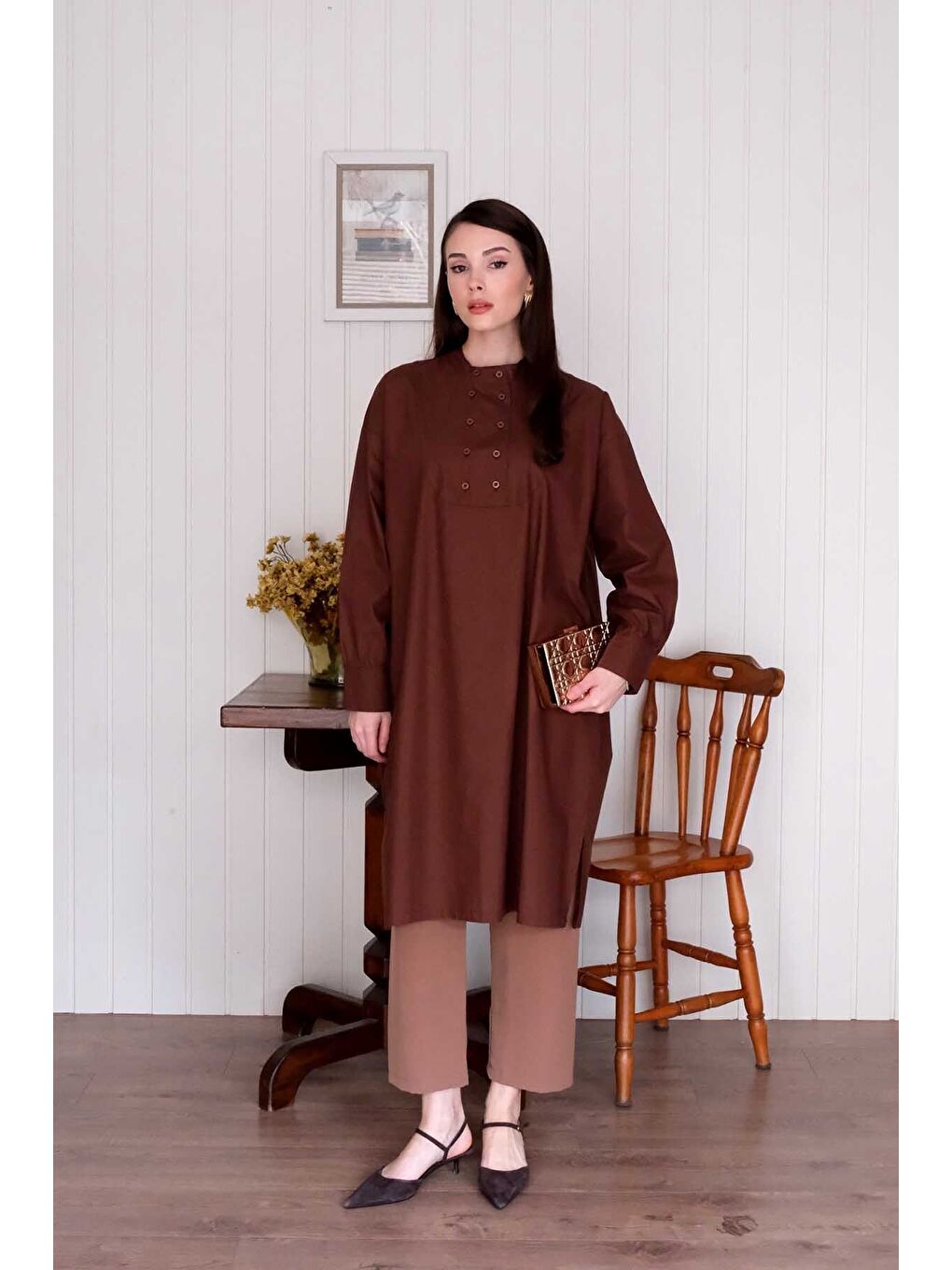 Kahverengi Acı Kahve Uzun Düğme Detaylı Tunik-4