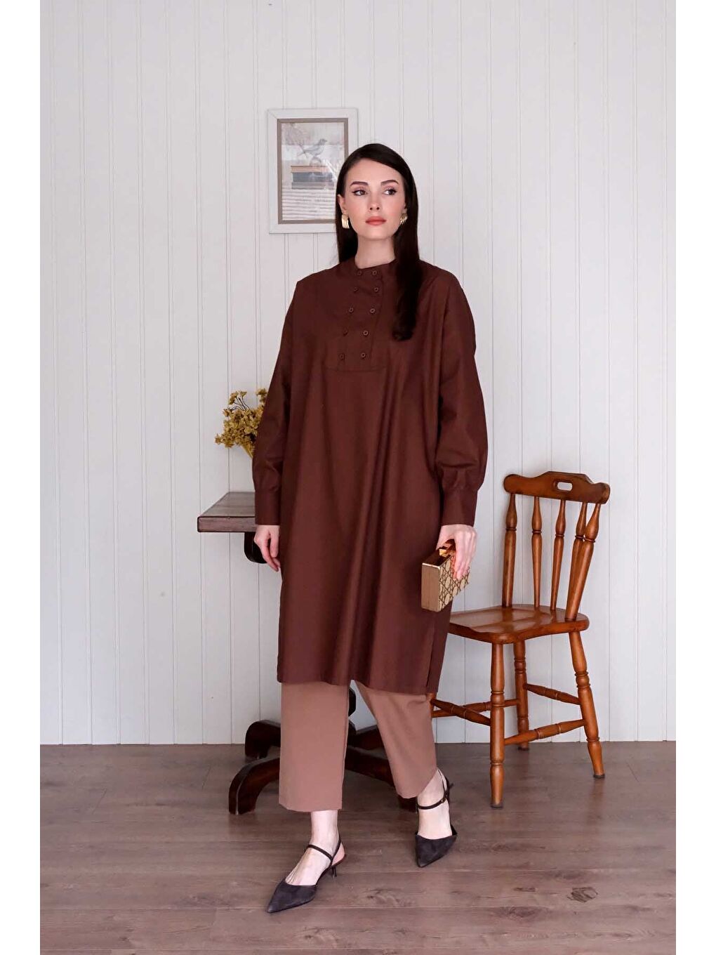 Kahverengi Acı Kahve Uzun Düğme Detaylı Tunik-5