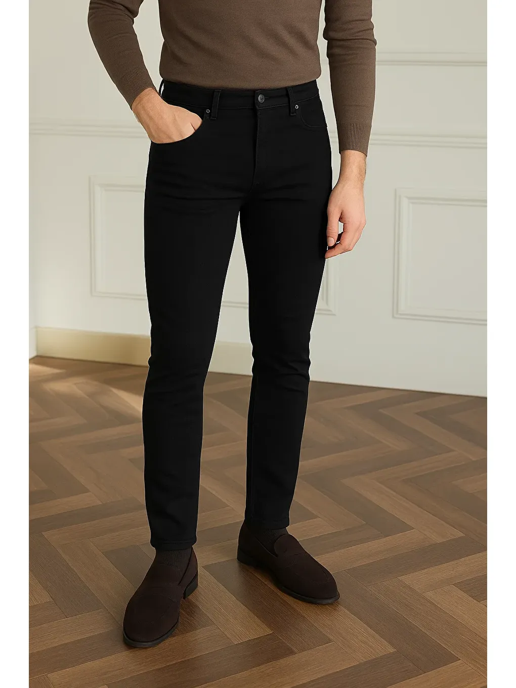 Erkek Basic Pamuklu Dar Siyah Jeans Pantolon-1