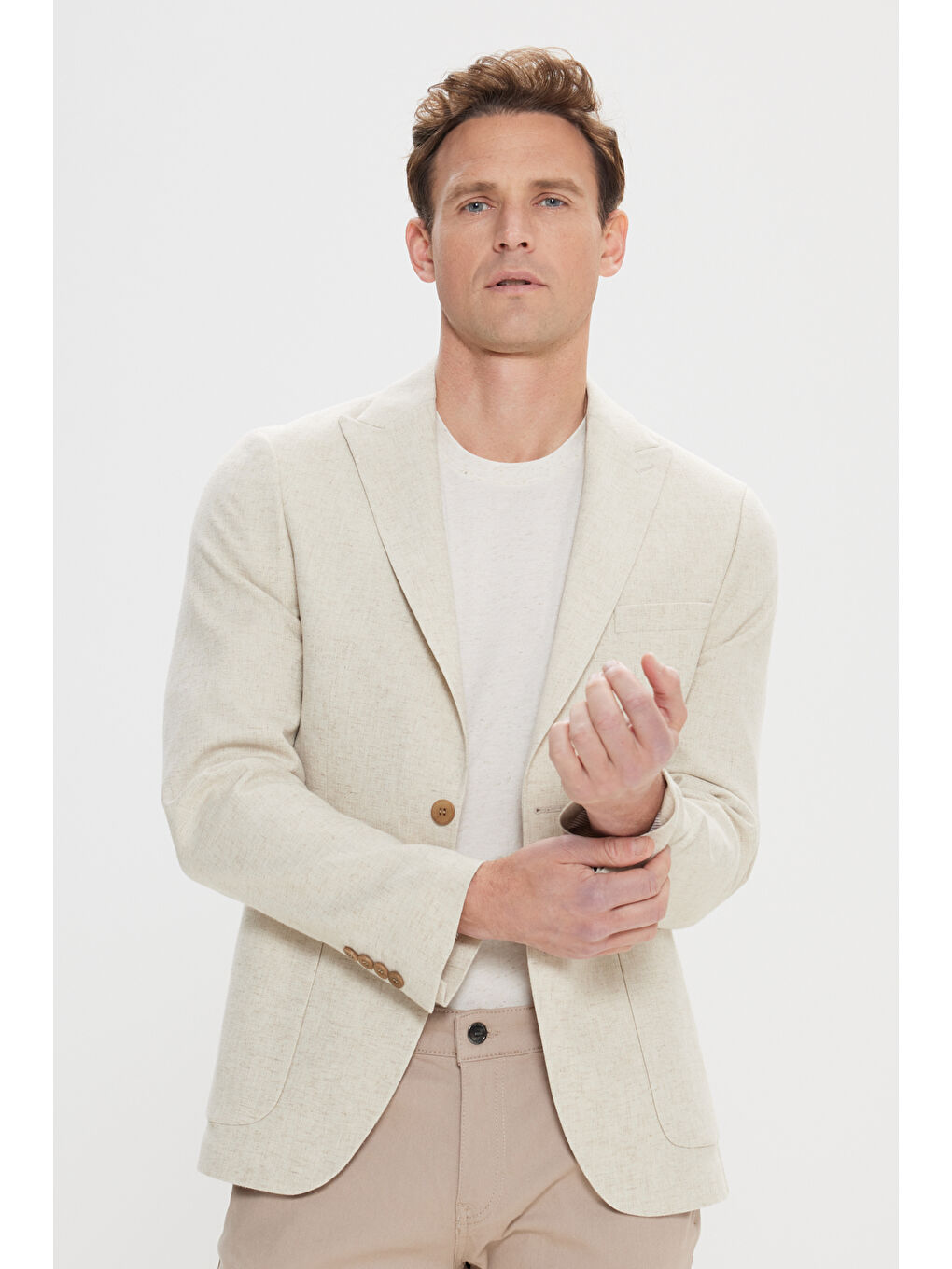 Erkek Bej Dar Kesim Kırlangıç Yaka Casual Blazer Ceket-9