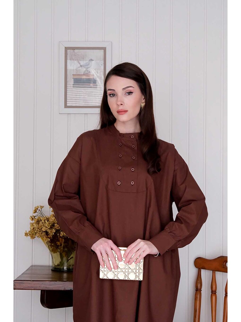 Kahverengi Acı Kahve Uzun Düğme Detaylı Tunik-6