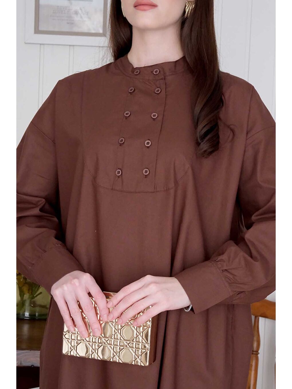 Kahverengi Acı Kahve Uzun Düğme Detaylı Tunik-7