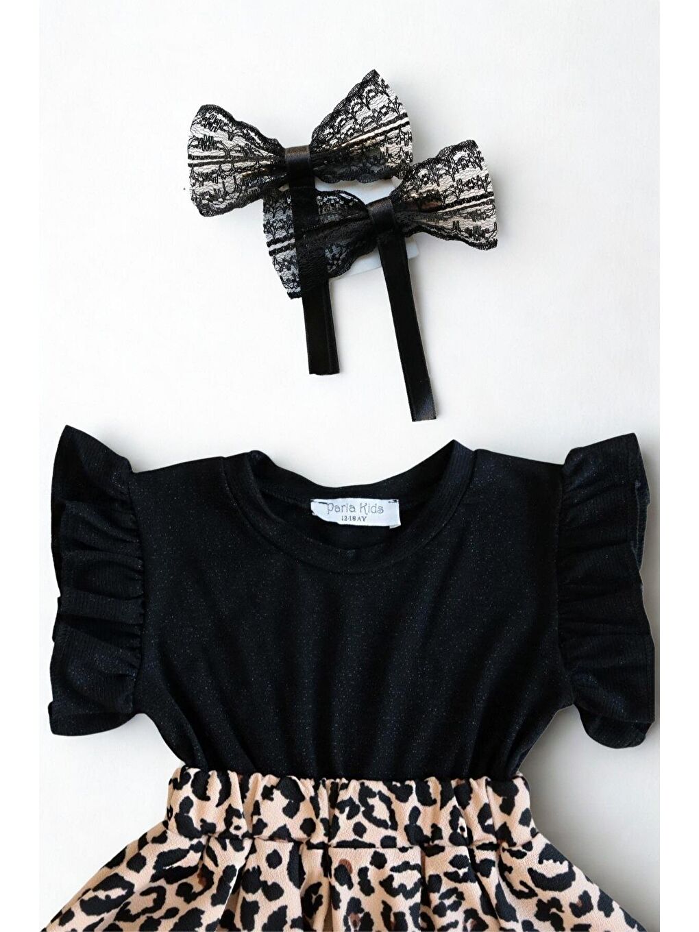 Siyah Kız Bebek Leopar Kısa Kollu Fırfırlı Elbise Toka Takım-2