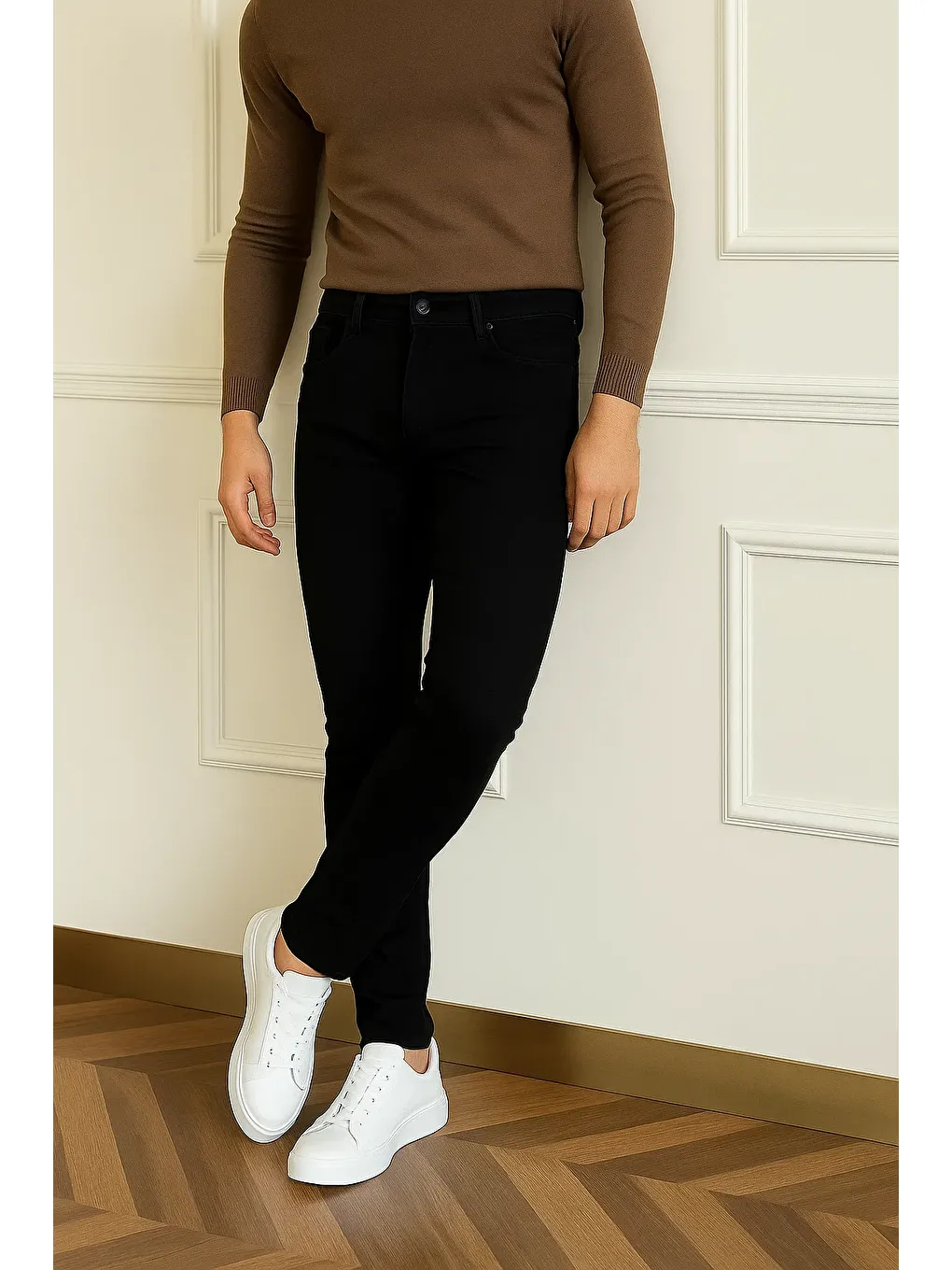 Erkek Basic Pamuklu Dar Siyah Jeans Pantolon-2