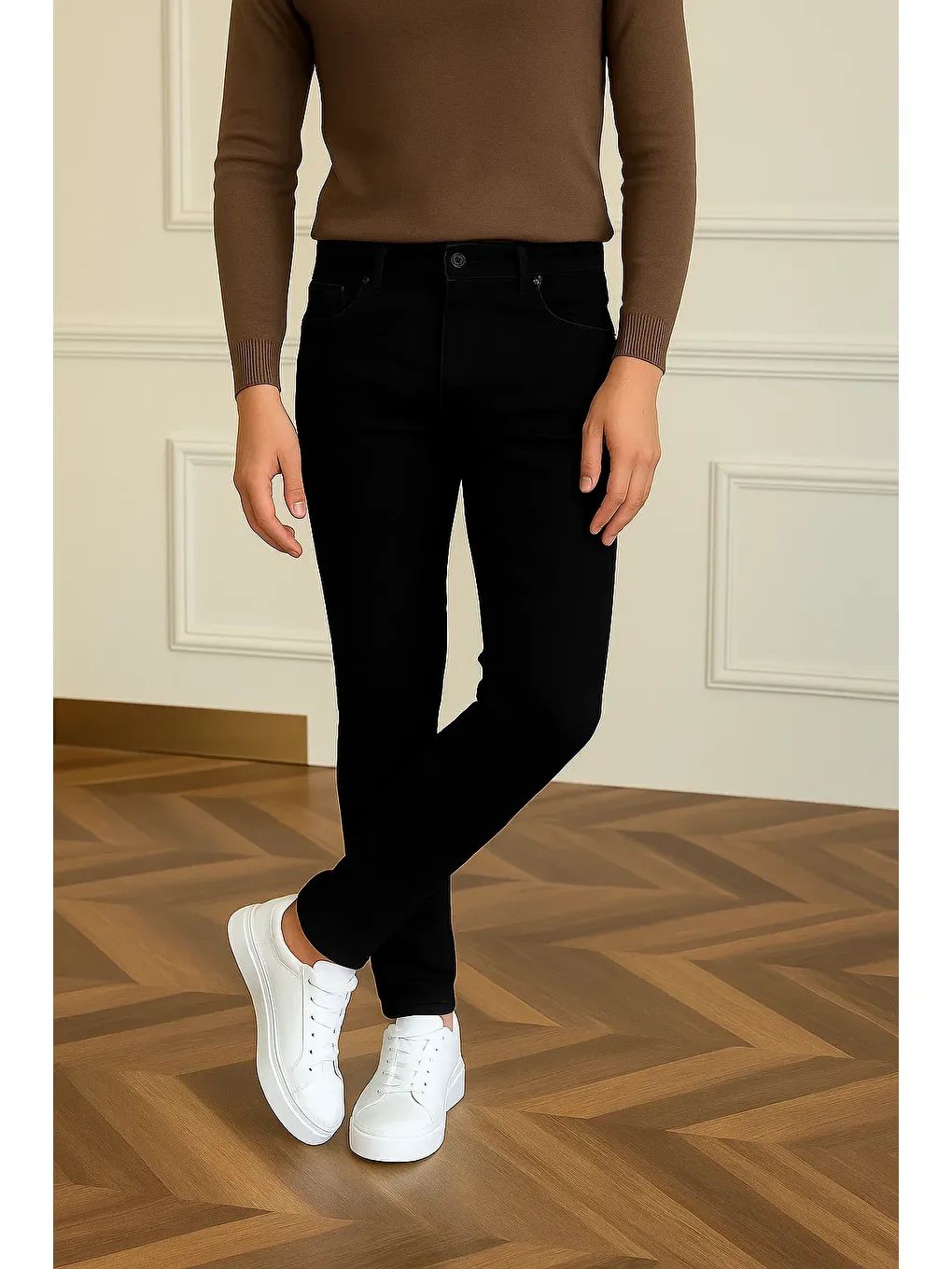 Erkek Basic Pamuklu Dar Siyah Jeans Pantolon-3