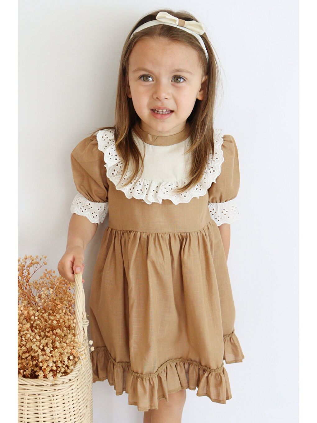 Kız Bebek Ruby Kahverengi Fırfırlı Dantel Detaylı Kısa Kollu Elbise Bandana Takım-3