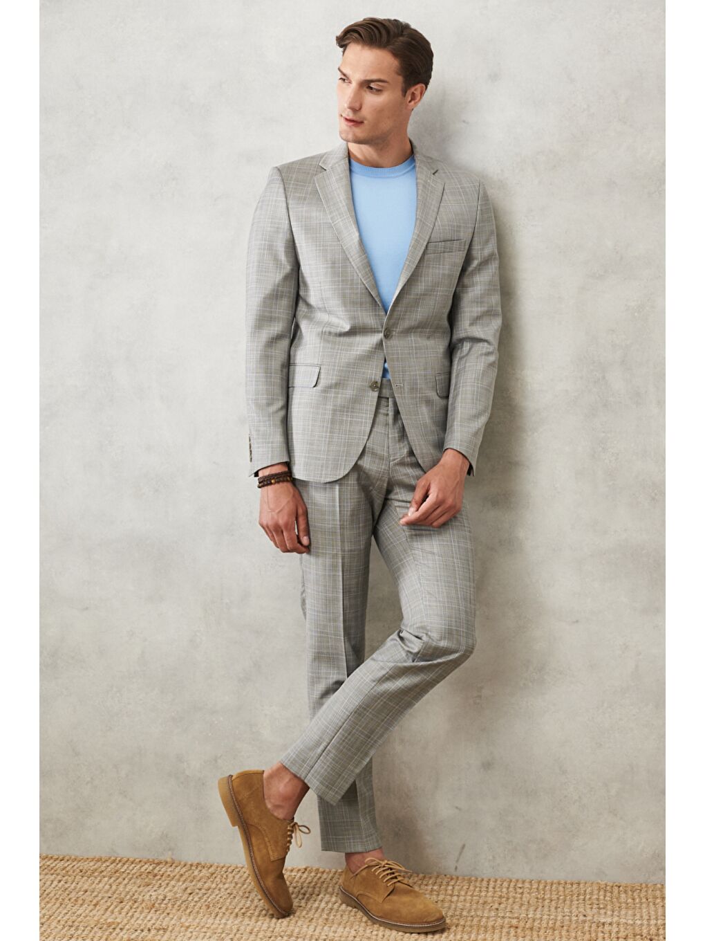 Erkek Gri-Mavi Ekstra Slim Fit Dar Kesim Mono Yaka Kareli Klasik Takım Elbise