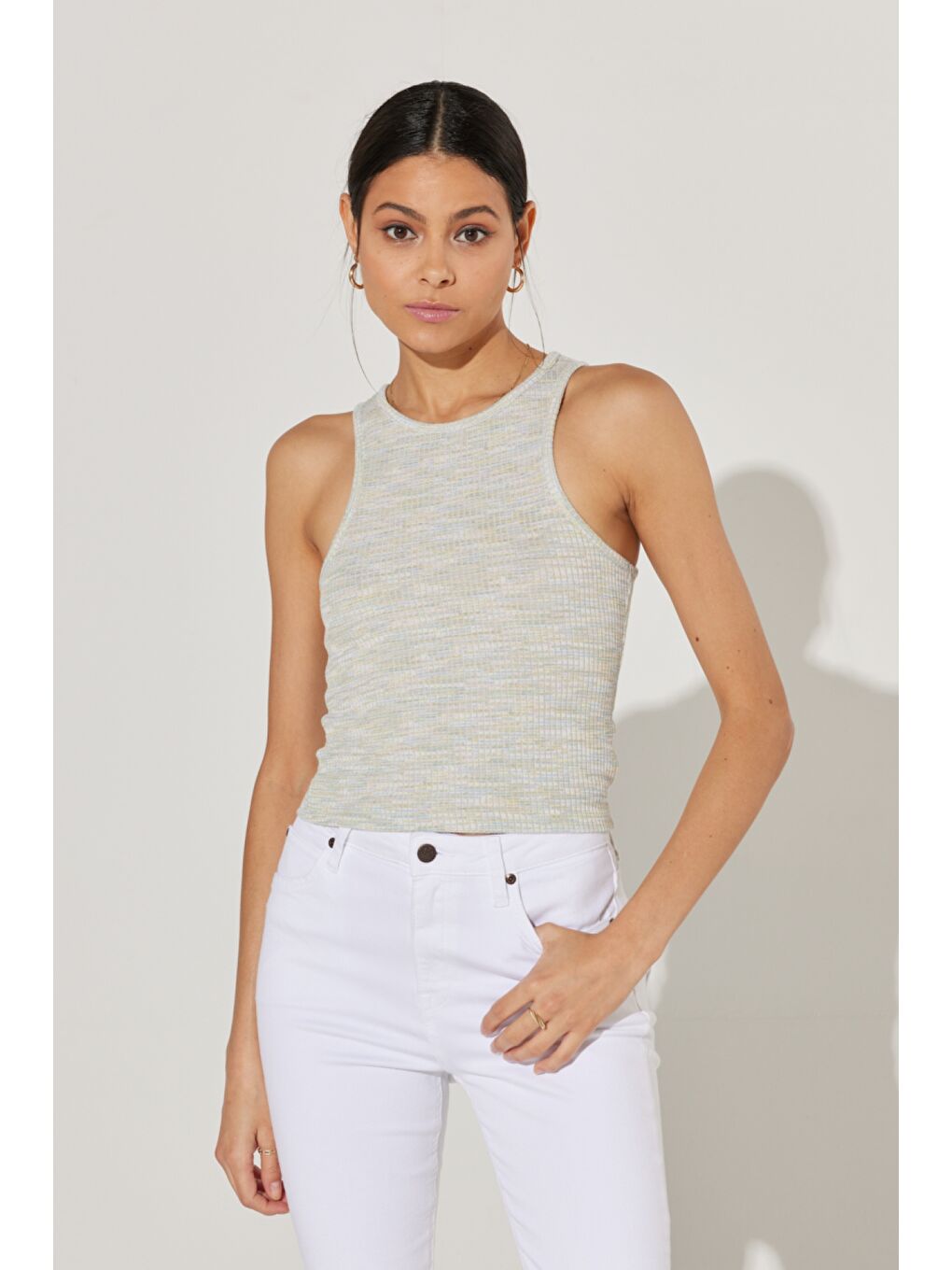 Karışık Slim Fit Dar Kesim Bisiklet Yaka Kolsuz Çizgili Tişört