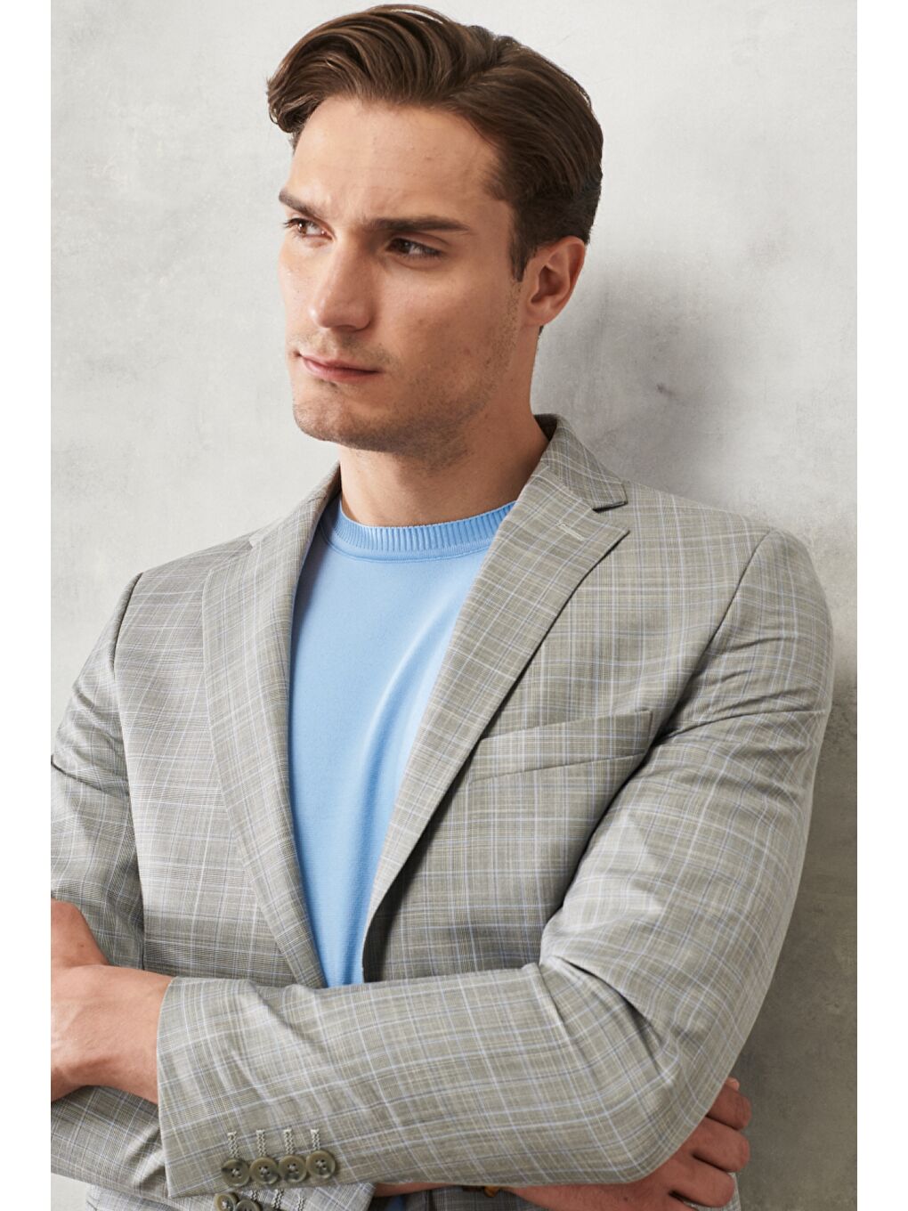 Erkek Gri-Mavi Ekstra Slim Fit Dar Kesim Mono Yaka Kareli Klasik Takım Elbise-1