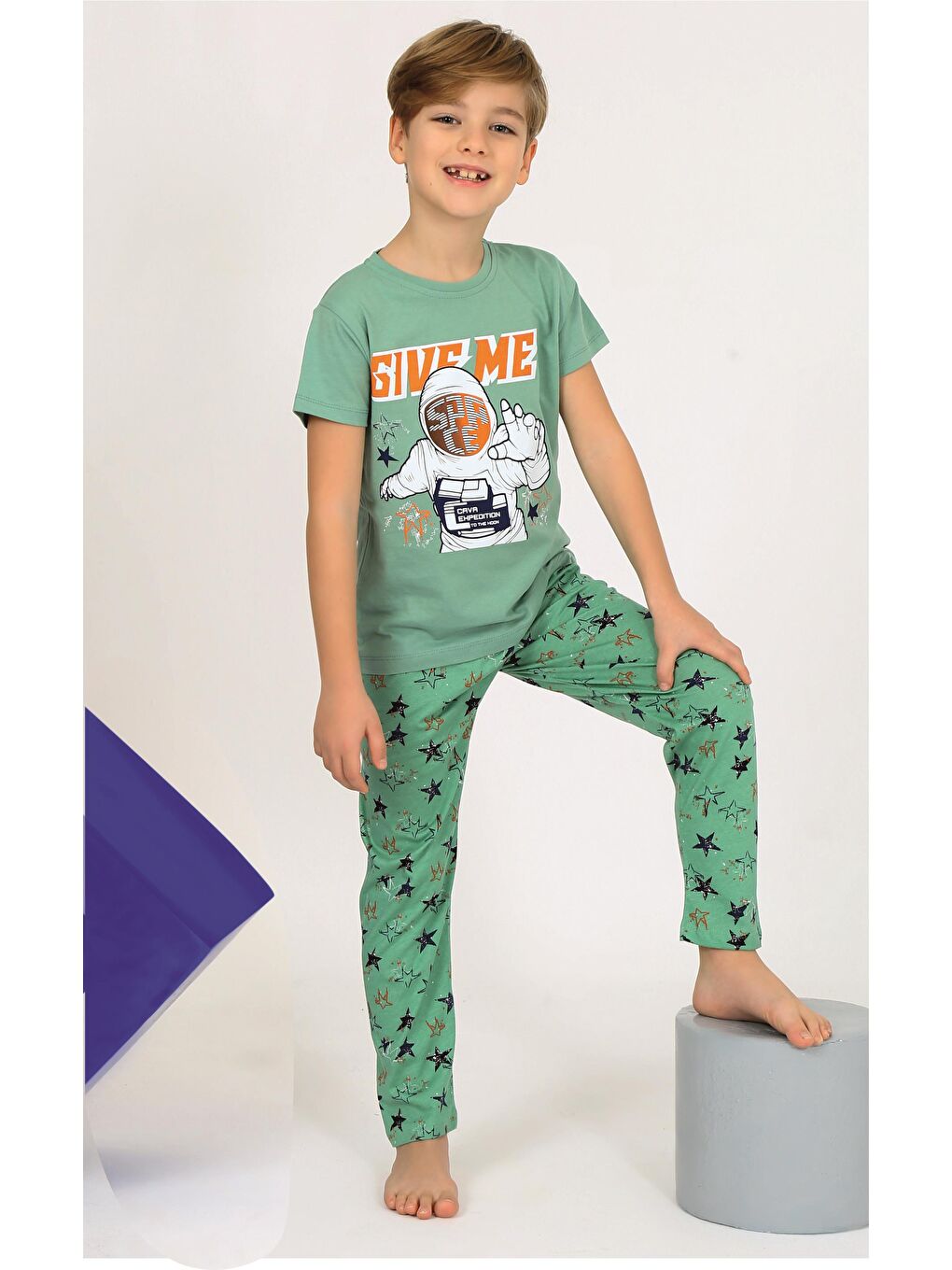 Yeşil Erkek Çocuk Kısa Kollu %100 Pamuklu Flight Pijama Takımı