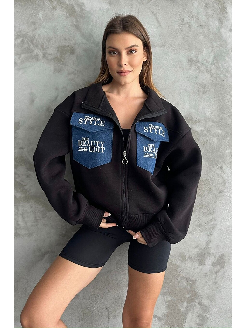 Siyah 3 İplik Jean Garnili Oversize Ceket