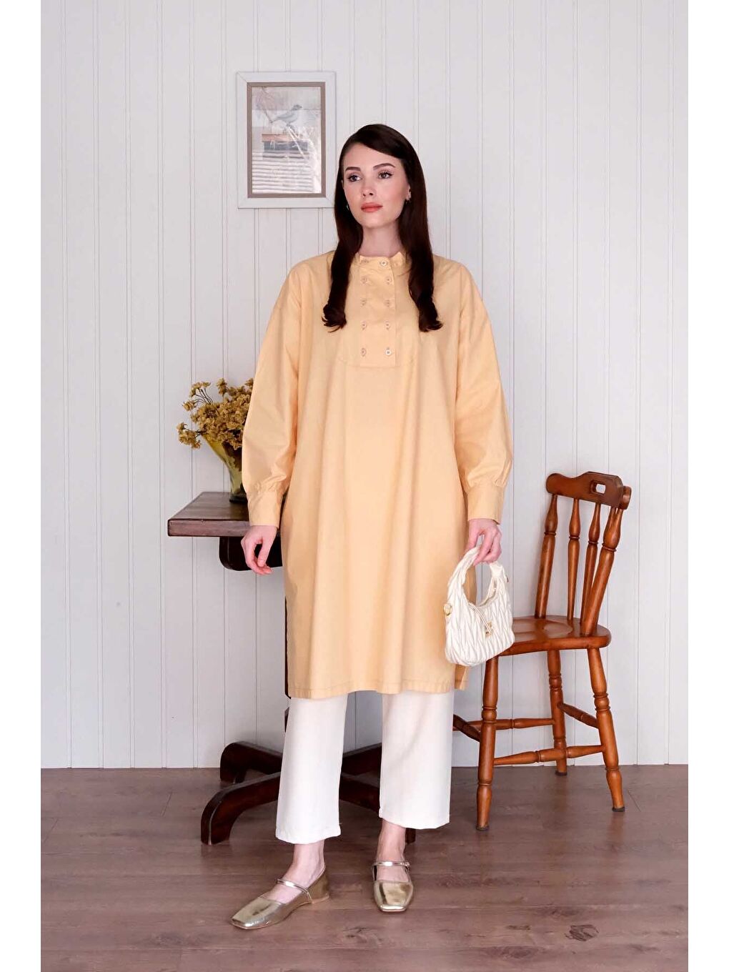 Soft Sarı Uzun Düğme Detaylı Tunik