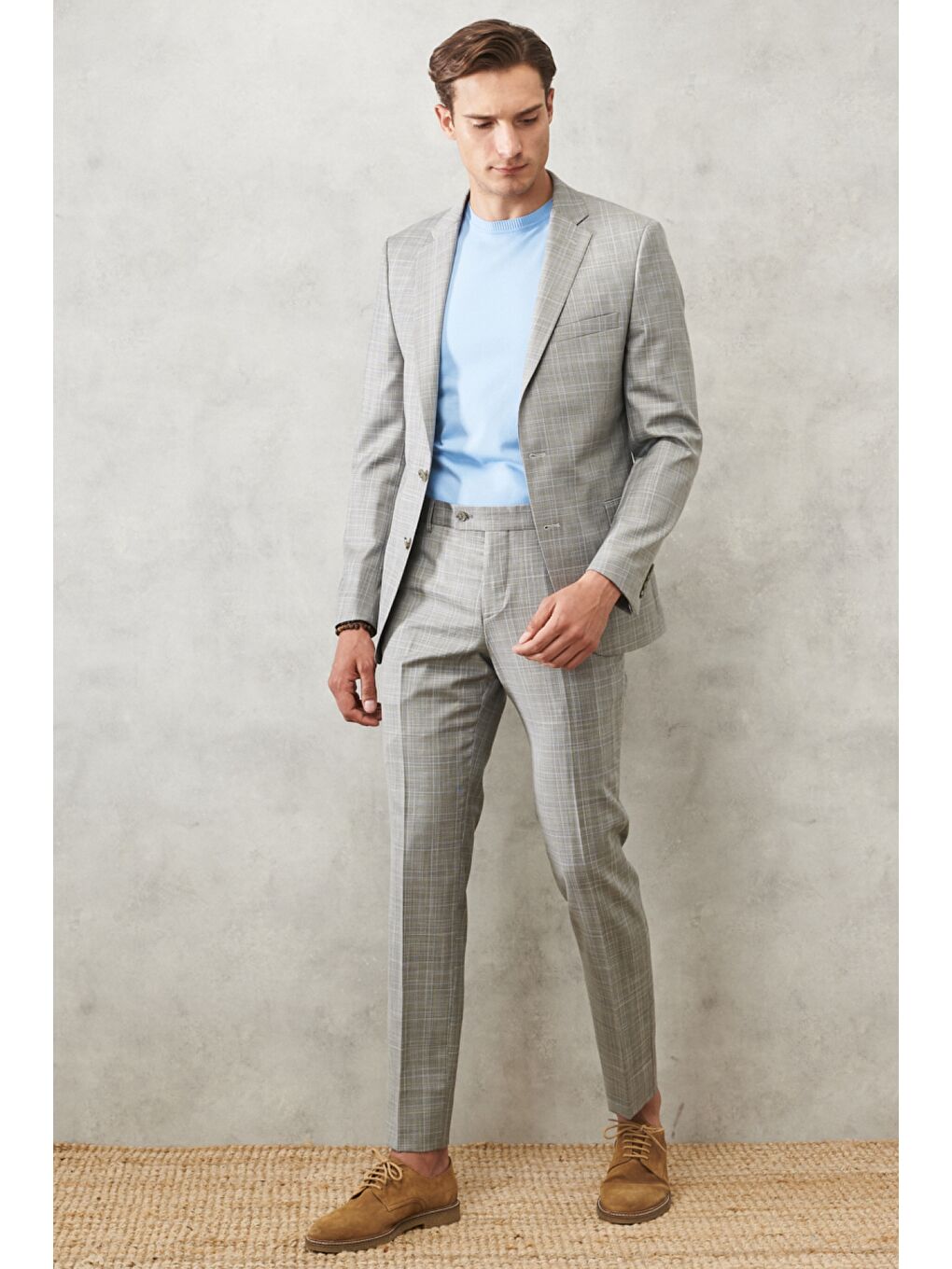 Erkek Gri-Mavi Ekstra Slim Fit Dar Kesim Mono Yaka Kareli Klasik Takım Elbise-2