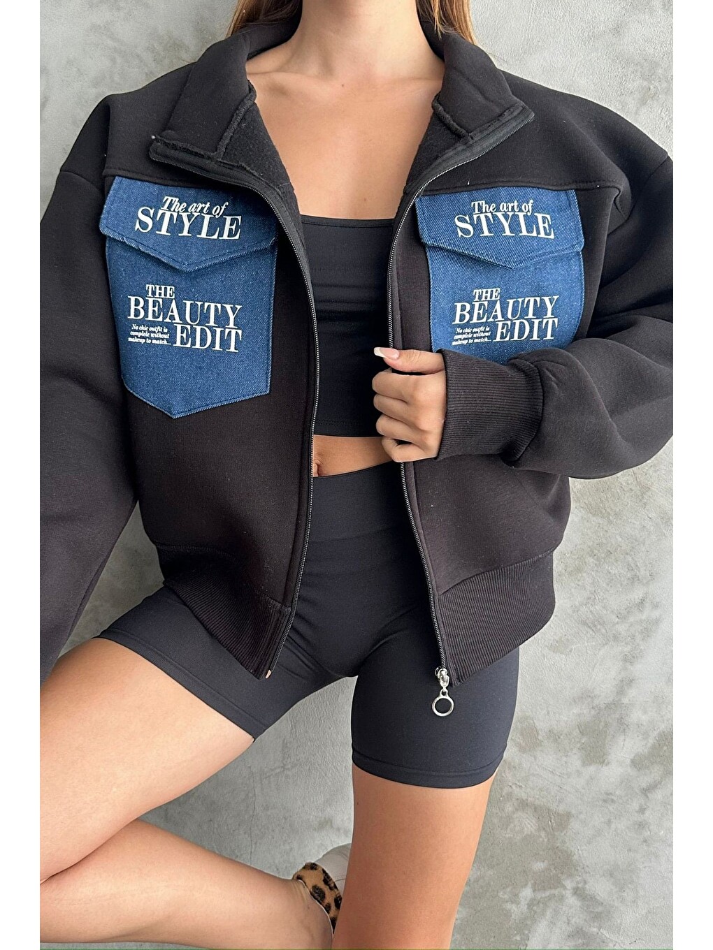 Siyah 3 İplik Jean Garnili Oversize Ceket-1