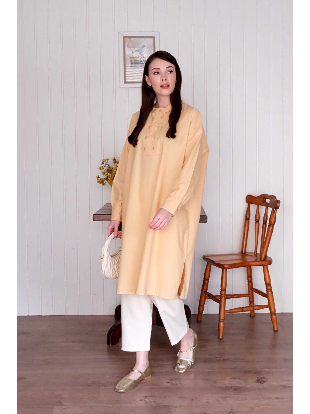 Soft Sarı Uzun Düğme Detaylı Tunik-1