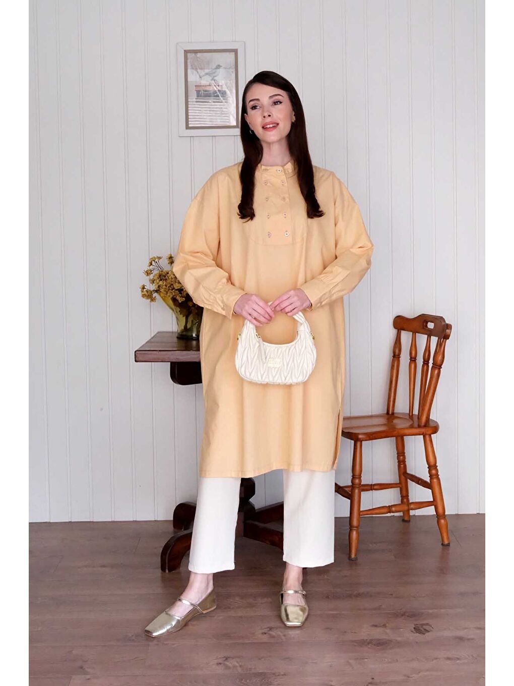 Soft Sarı Uzun Düğme Detaylı Tunik-2