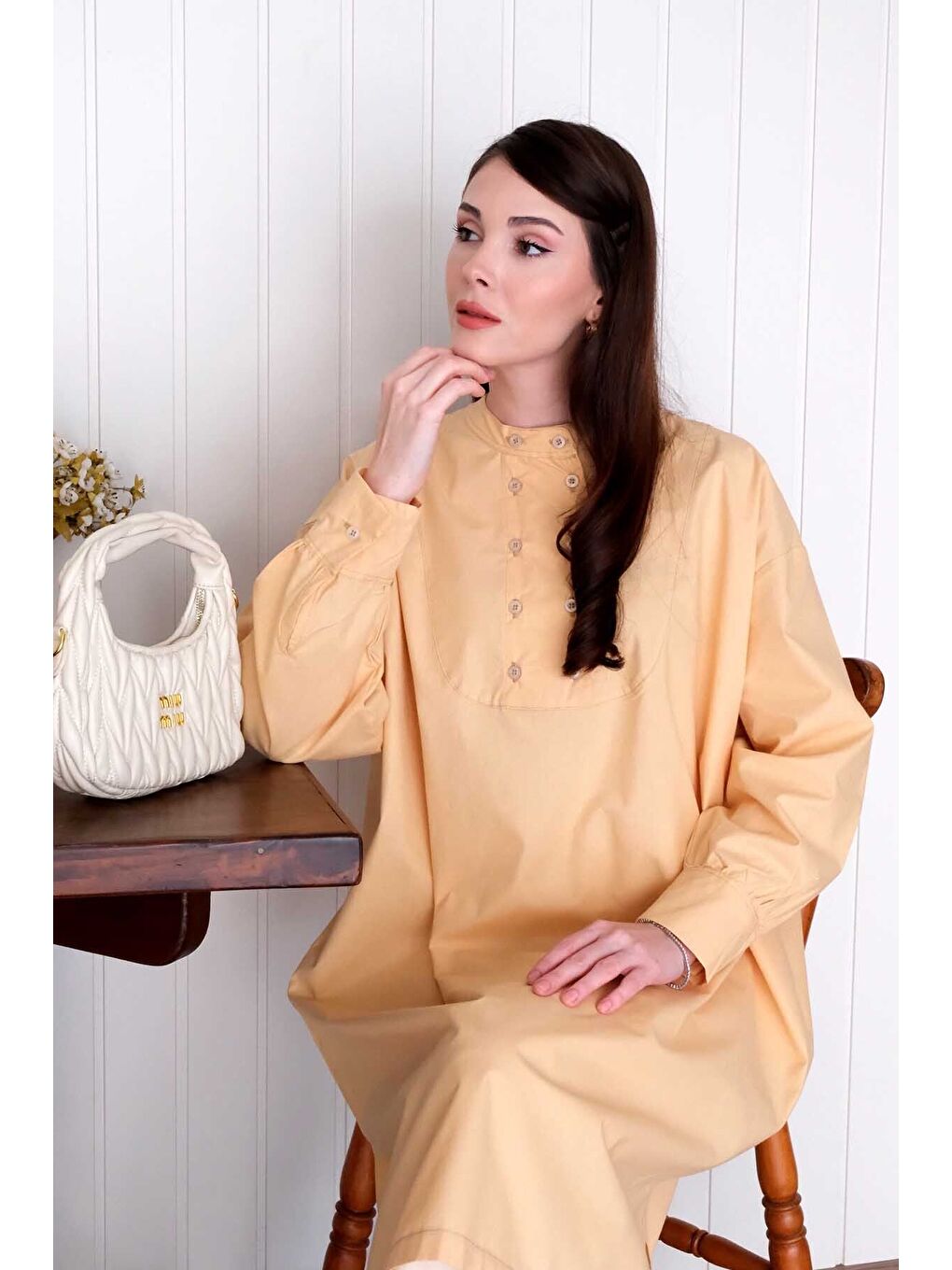Soft Sarı Uzun Düğme Detaylı Tunik-3