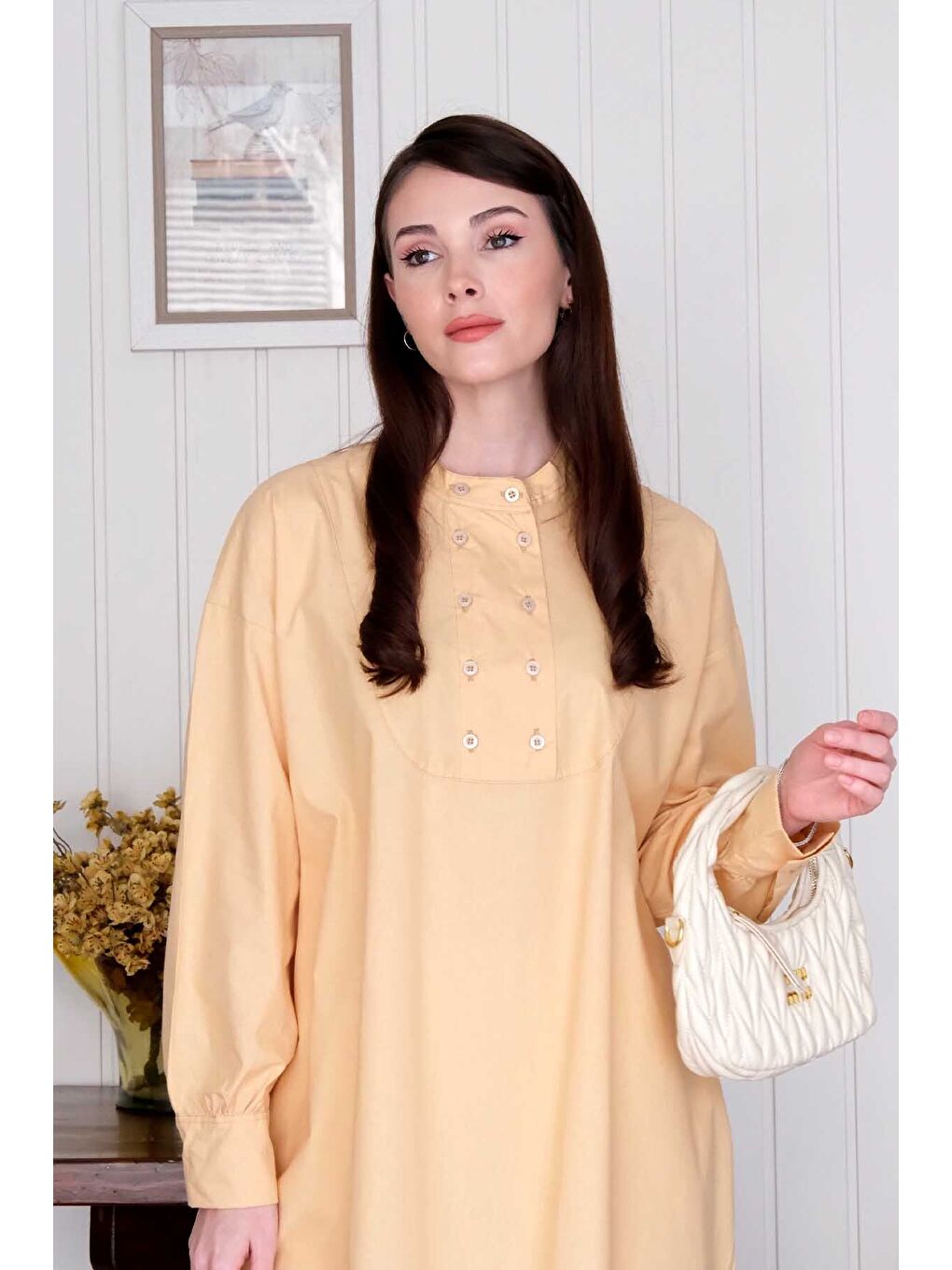 Soft Sarı Uzun Düğme Detaylı Tunik-4