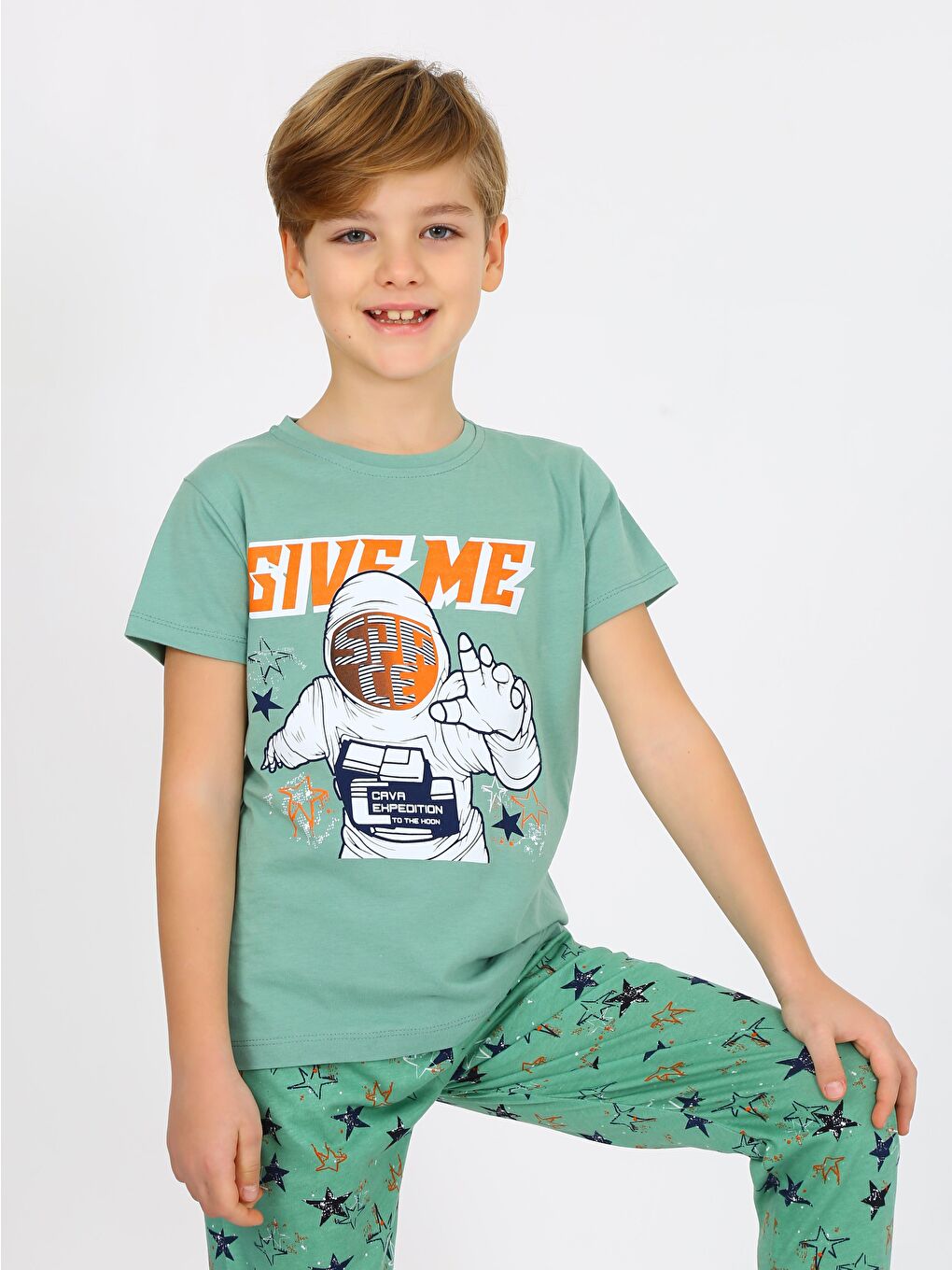 Yeşil Erkek Çocuk Kısa Kollu %100 Pamuklu Flight Pijama Takımı-1