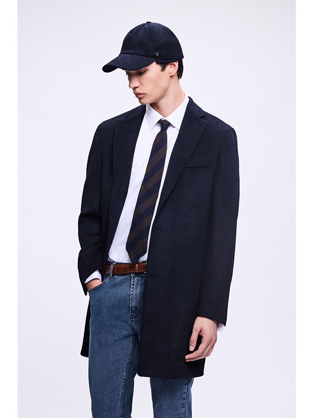 Lacivert Slim Fit Ceket Yaka Yünlü Kaşe Palto