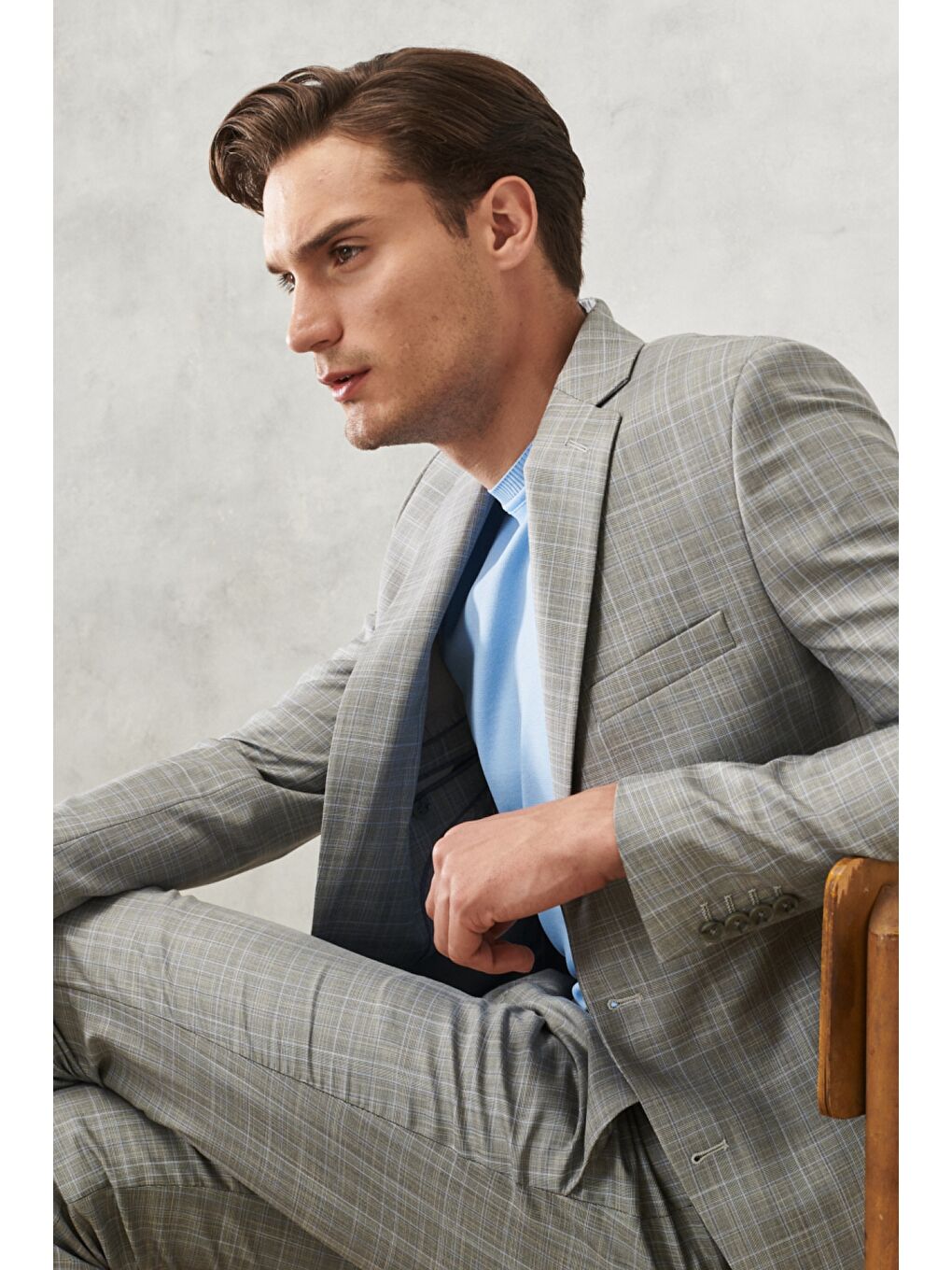 Erkek Gri-Mavi Ekstra Slim Fit Dar Kesim Mono Yaka Kareli Klasik Takım Elbise-3