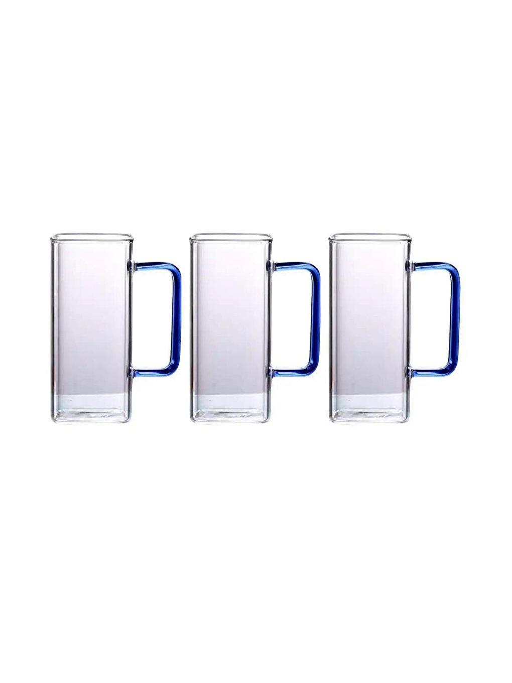 Renksiz Kare Cam Mavi Kulplu Su Bardağı 350 ml 3 Adet