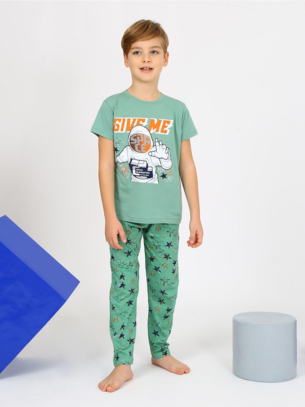 Yeşil Erkek Çocuk Kısa Kollu %100 Pamuklu Flight Pijama Takımı-2