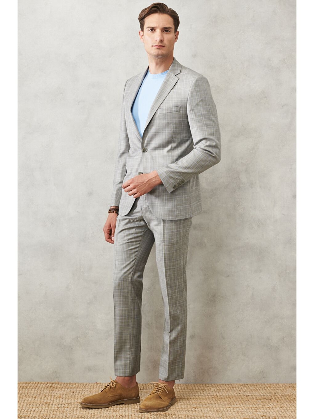 Erkek Gri-Mavi Ekstra Slim Fit Dar Kesim Mono Yaka Kareli Klasik Takım Elbise-4