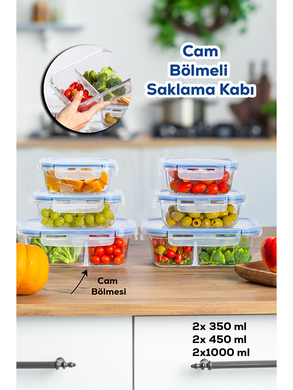 Porsima Şeffaf Por Kilitli Sızdırmaz Kapaklı Çok Amaçlı Cam 6lI Erzak Yiyecek Saklama Kabı Seti - 1000-450-300ml