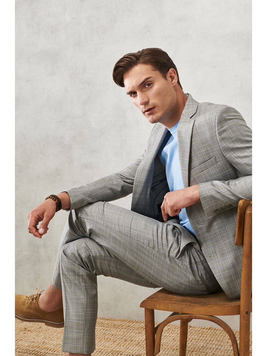 Erkek Gri-Mavi Ekstra Slim Fit Dar Kesim Mono Yaka Kareli Klasik Takım Elbise-5