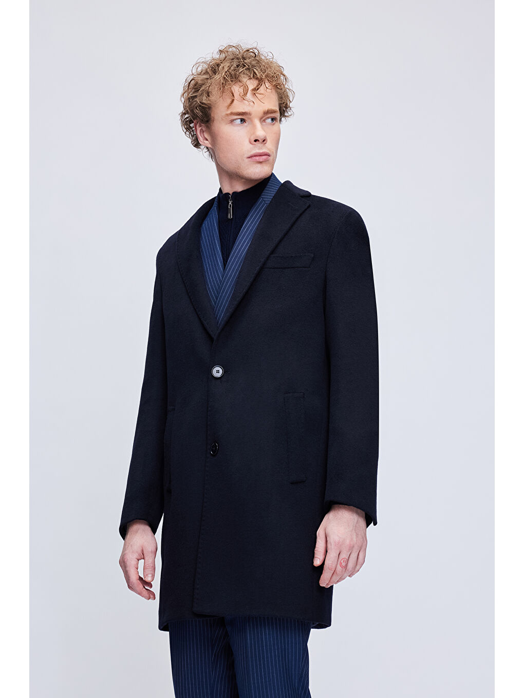 Lacivert Slim Fit Ceket Yaka Yünlü Kaşe Palto-1