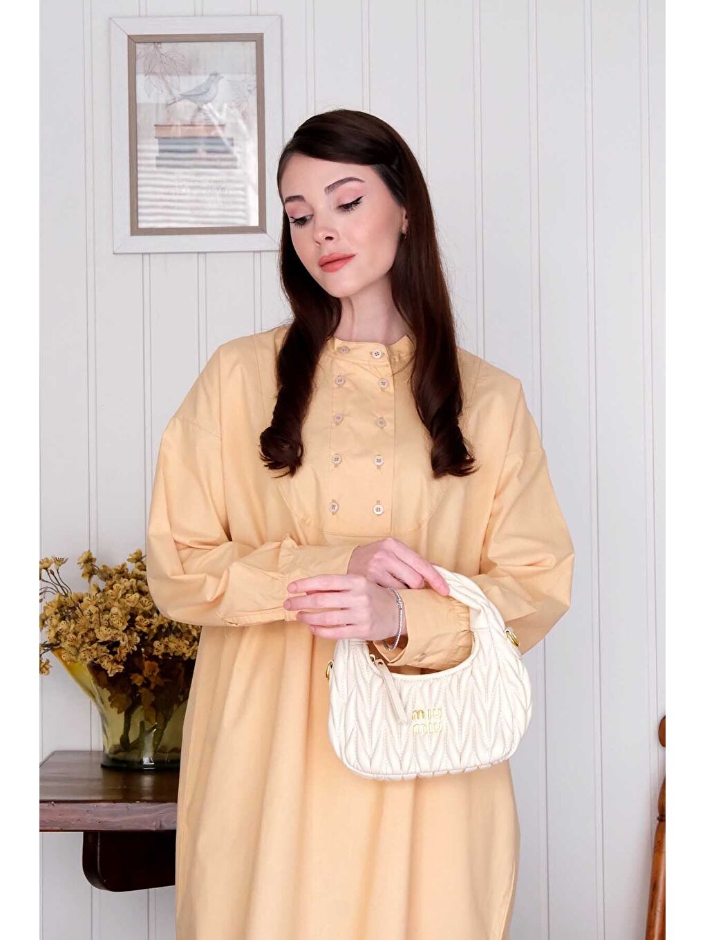 Soft Sarı Uzun Düğme Detaylı Tunik-5