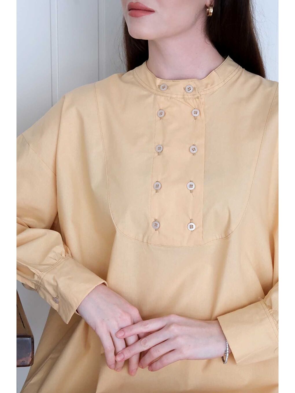 Soft Sarı Uzun Düğme Detaylı Tunik-6