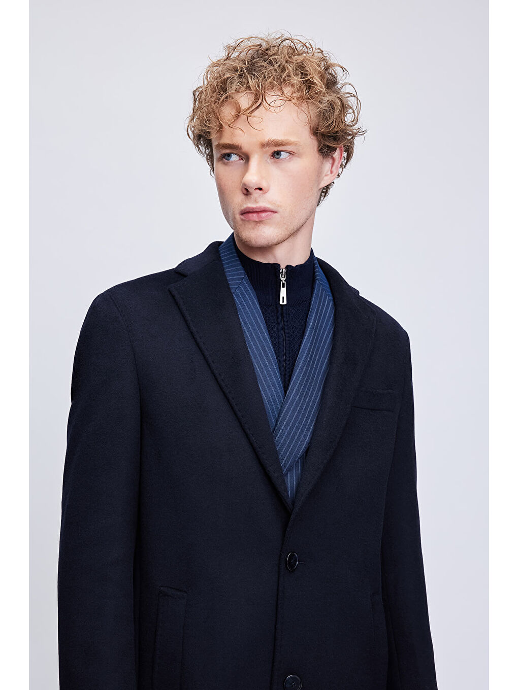 Lacivert Slim Fit Ceket Yaka Yünlü Kaşe Palto-3