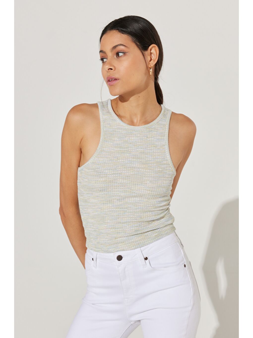 Karışık Slim Fit Dar Kesim Bisiklet Yaka Kolsuz Çizgili Tişört-1