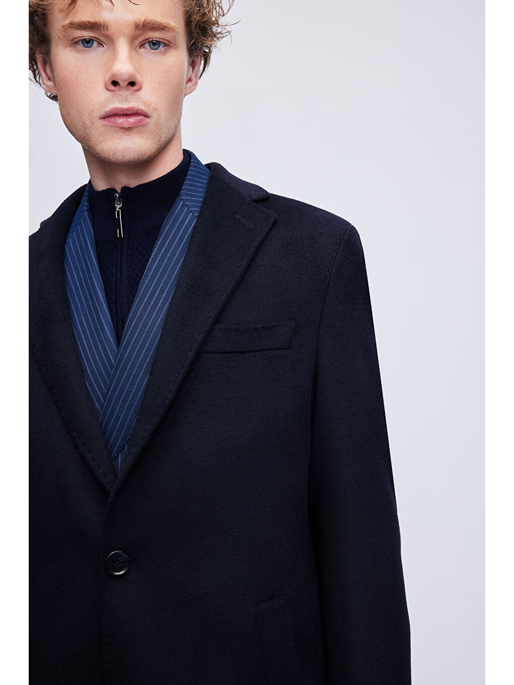 Lacivert Slim Fit Ceket Yaka Yünlü Kaşe Palto-4