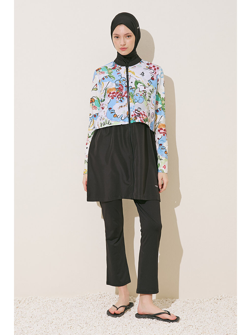 Bej Fermuarlı 3'Lü Tesettür Mayo Takım Summer-1