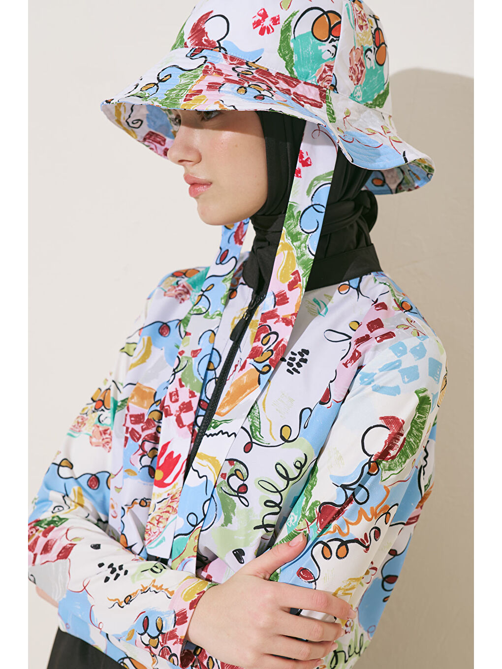 Bej Fermuarlı 3'Lü Tesettür Mayo Takım Summer-4