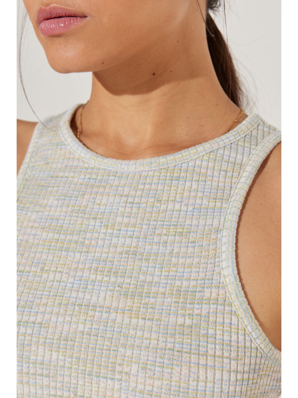 Karışık Slim Fit Dar Kesim Bisiklet Yaka Kolsuz Çizgili Tişört-2