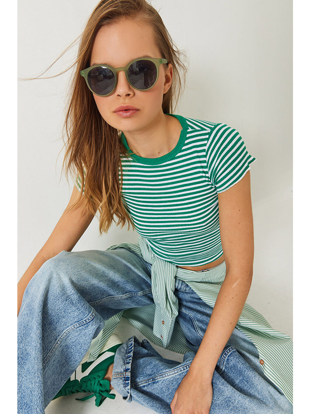 Yeşil Kadın Çizgili Fitilli Kaşkorse Basic T-Shirt