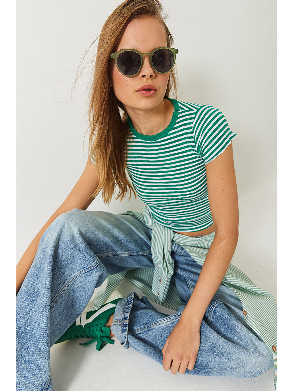 Yeşil Kadın Çizgili Fitilli Kaşkorse Basic T-Shirt-1