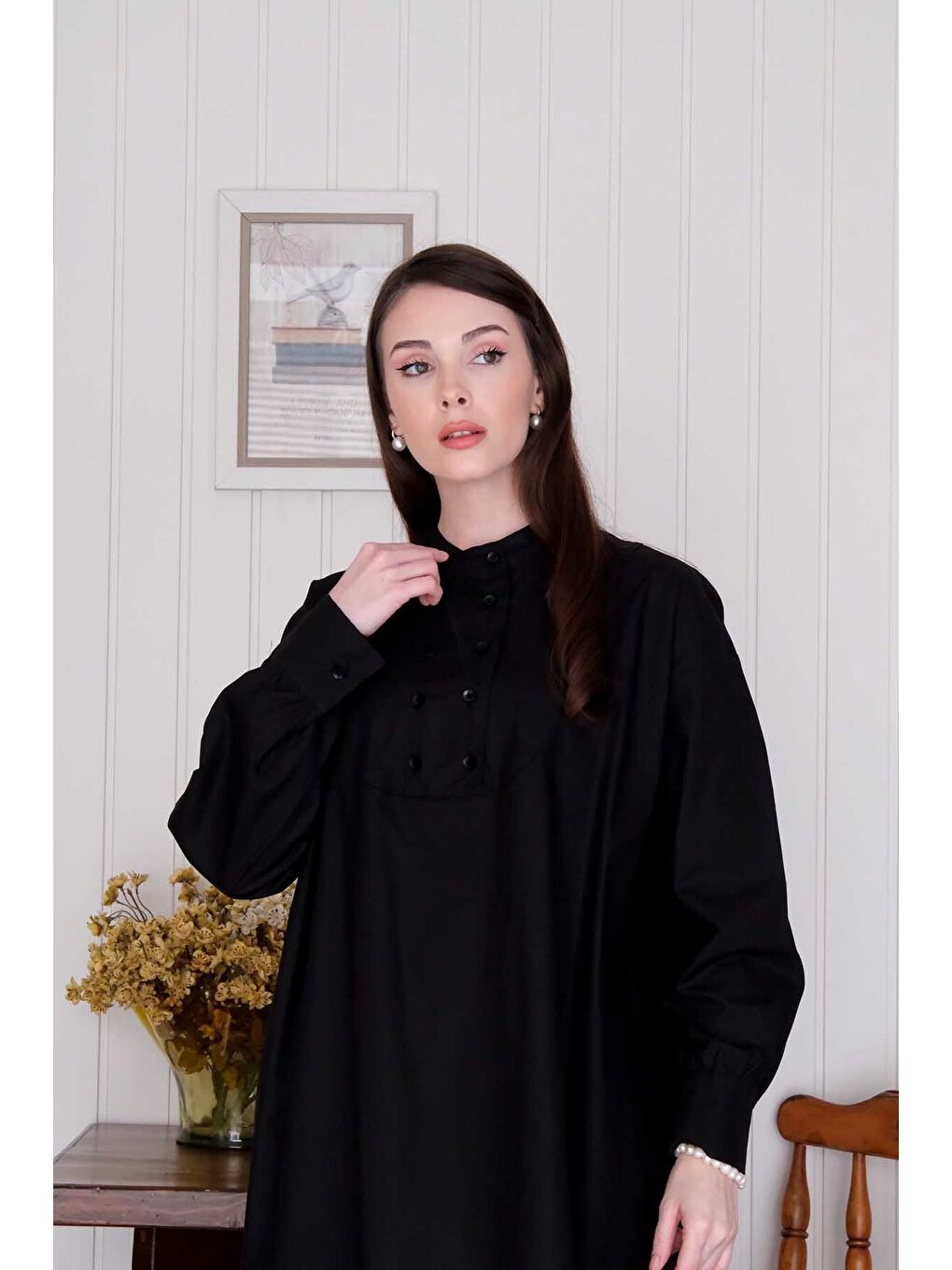 Siyah Uzun Düğme Detaylı Tunik-7