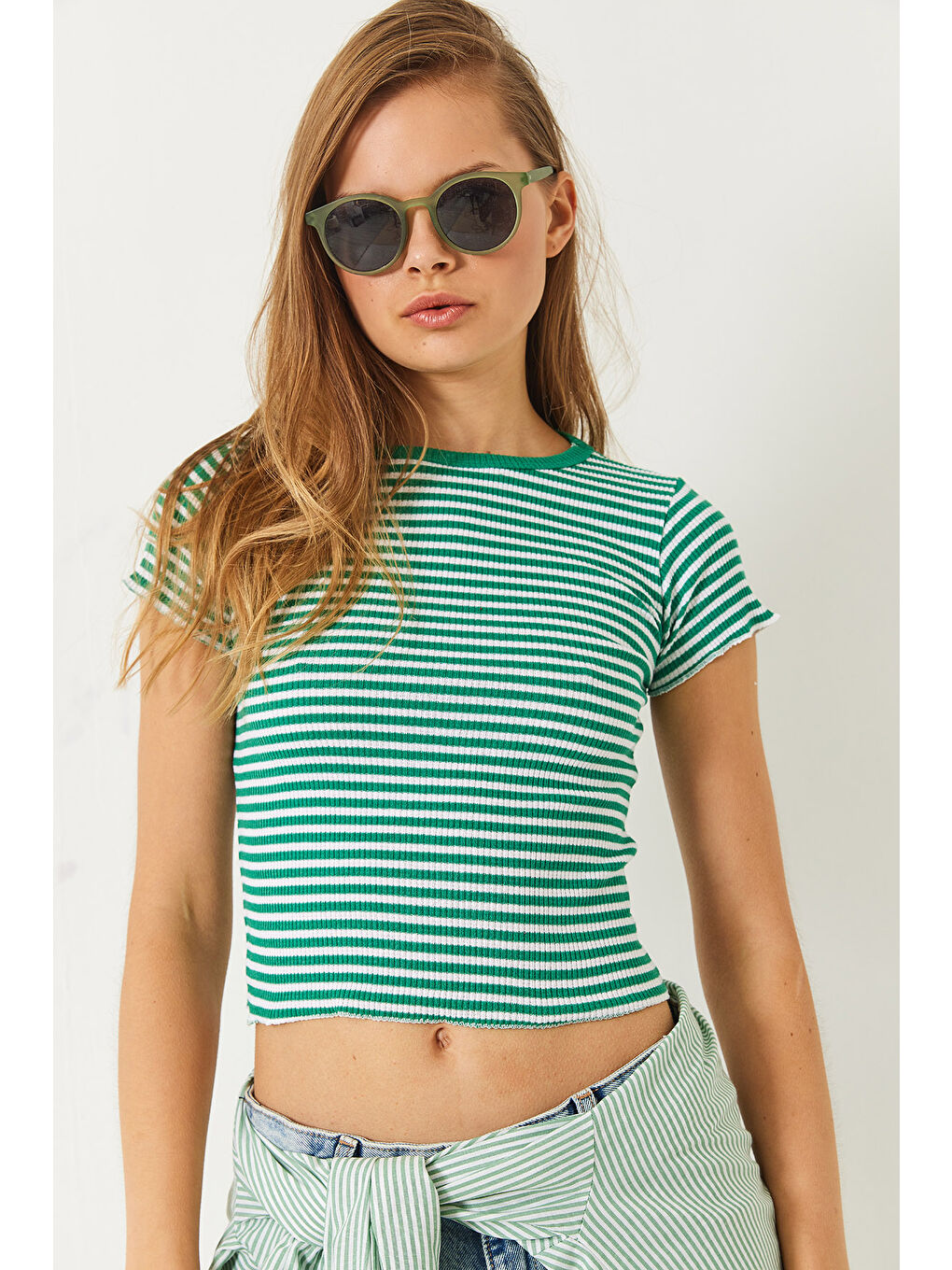 Yeşil Kadın Çizgili Fitilli Kaşkorse Basic T-Shirt-3