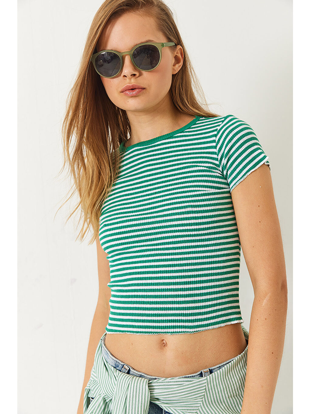 Yeşil Kadın Çizgili Fitilli Kaşkorse Basic T-Shirt-4