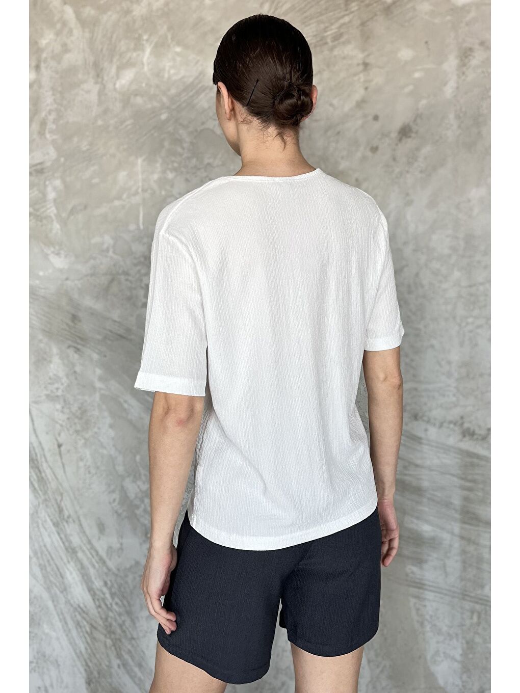 Antrasit Kadın Tek Cepli Nakışlı Şortlu İkili Takım-2