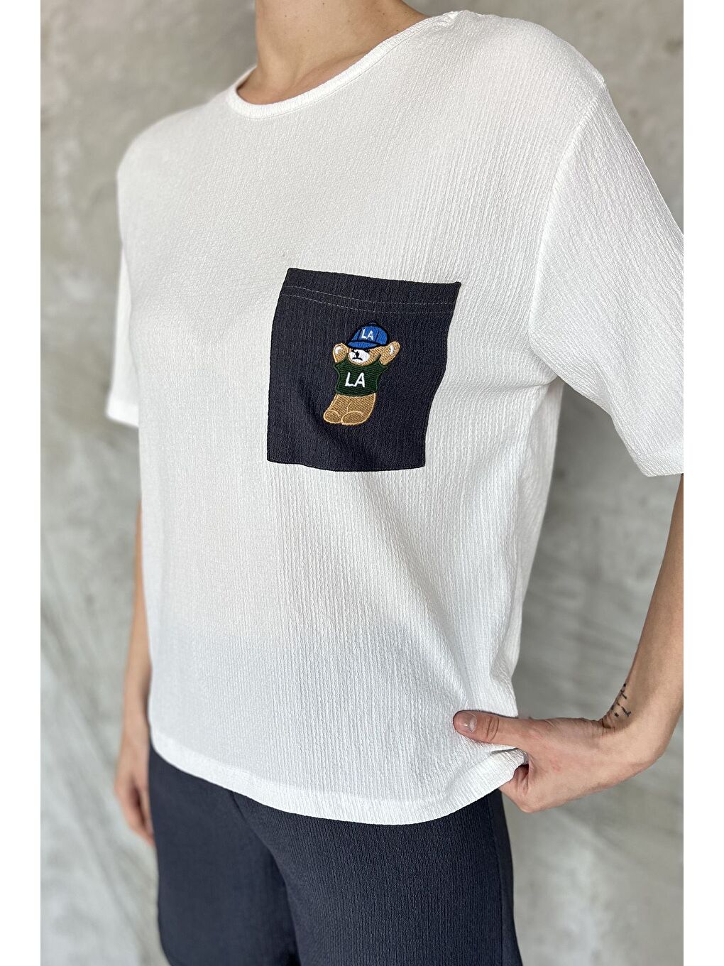 Antrasit Kadın Tek Cepli Nakışlı Şortlu İkili Takım-3