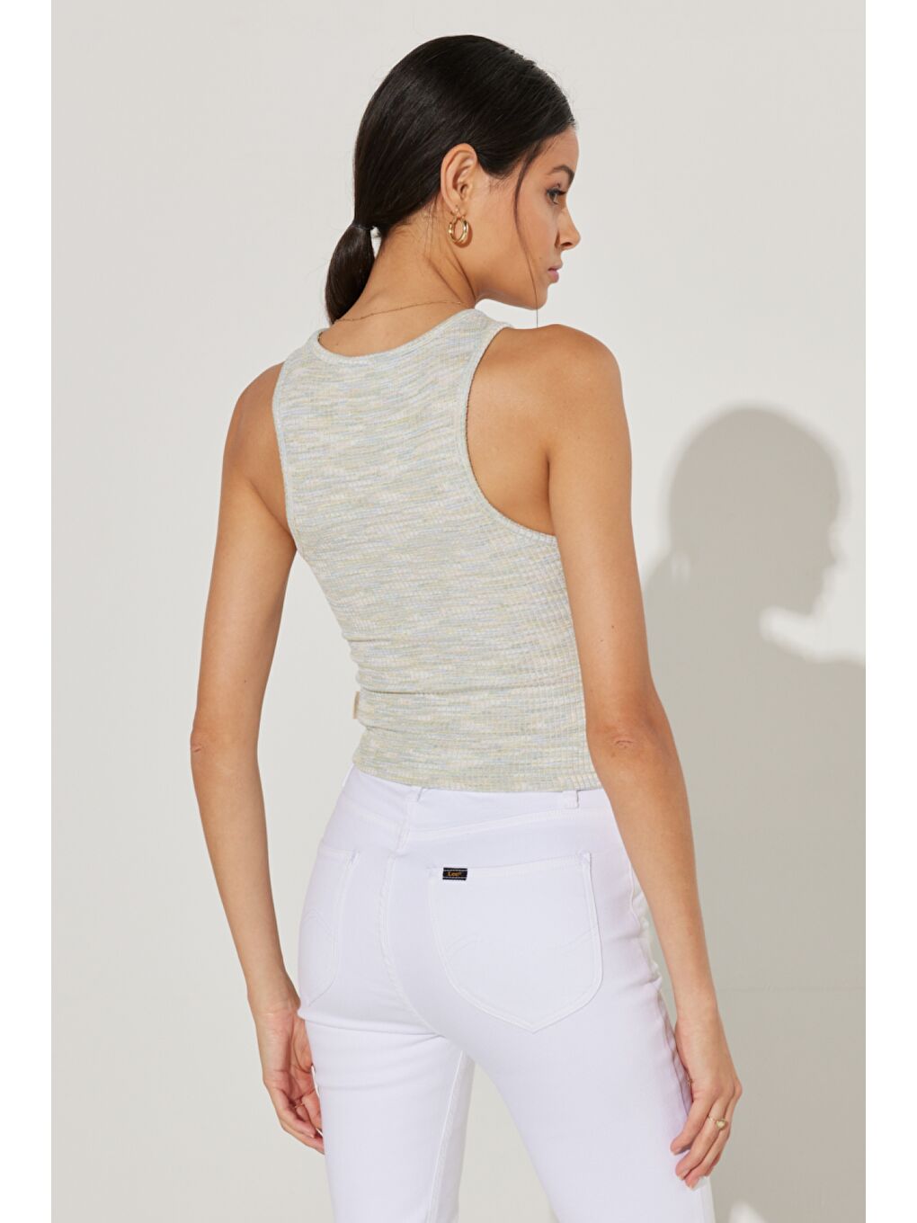 Karışık Slim Fit Dar Kesim Bisiklet Yaka Kolsuz Çizgili Tişört-5