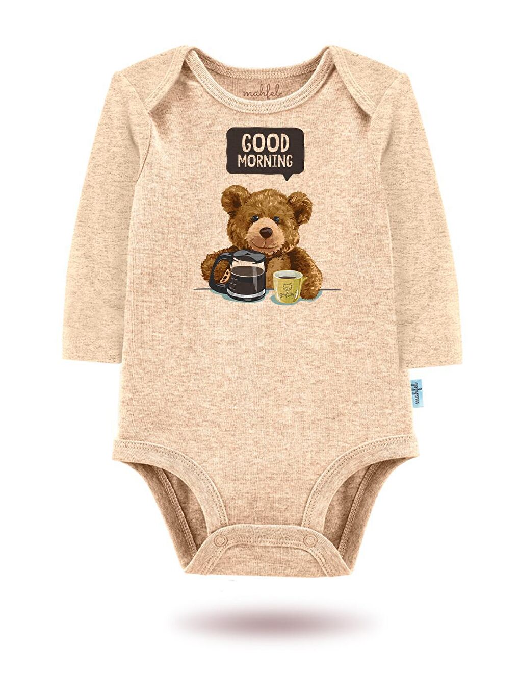 MAHFEL Bej-Kahverengi 2'Li " GOOD MORNİNG  "Baskılı Uzun Kollu Unisex Bebek Çıtçıtlı Body - 1