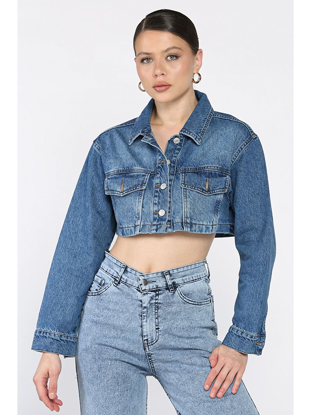 Lacivert Kadın Crop Top Jean Jean Ceket
