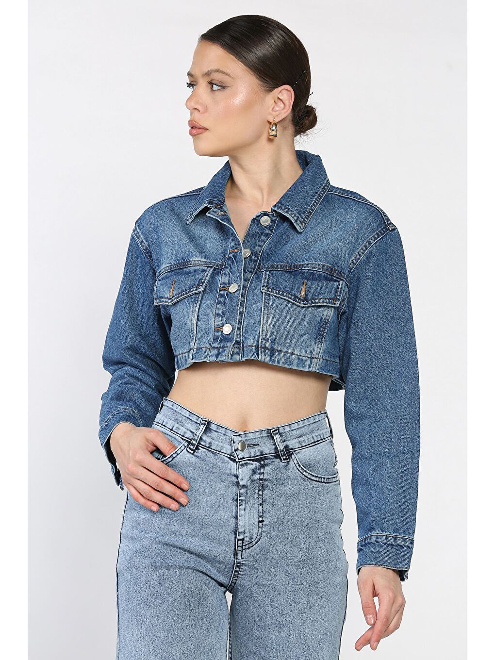 Lacivert Kadın Crop Top Jean Jean Ceket-1